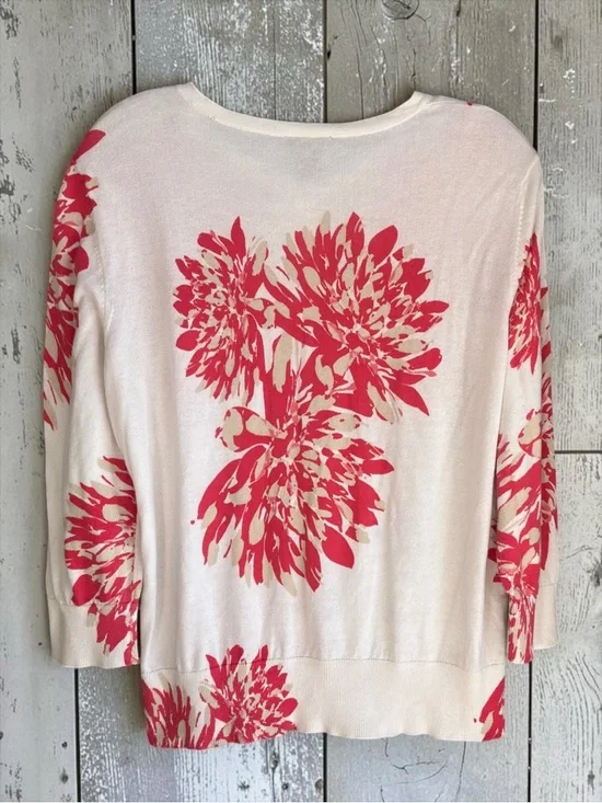 Ann Taylor Cream Pink Floral Cardigan Lightweight Cotton Sweater XL - Picture 3 of 9